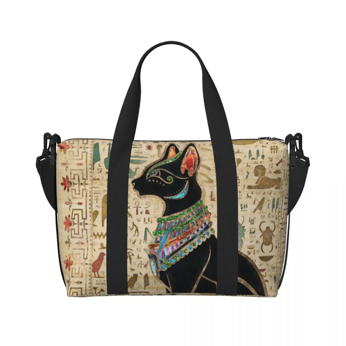 Women Bags Egypt - カスタムエジプト猫柄食料品トートショッピングバッグ 女性用大容量エジプト象形文字ジムビーチトラベルバッグ