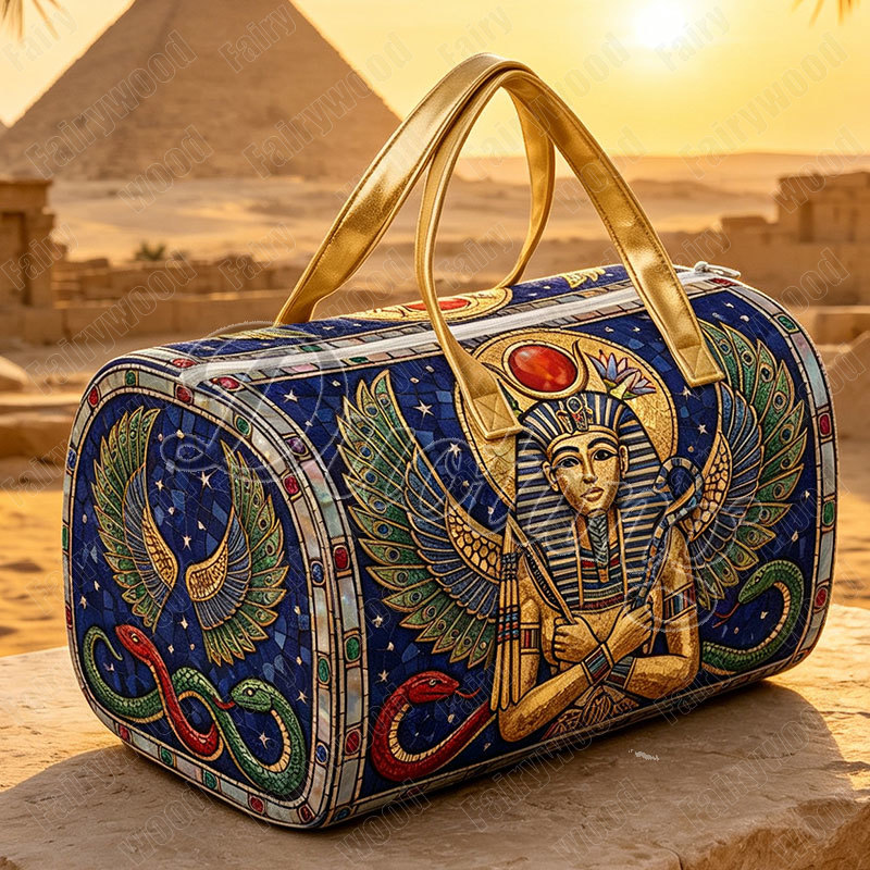 Women Bags Egypt - 古代エジプトのファラオ・ツタンカーメンと蛇柄のトラベル用ハンドバッグ 2Dフラットキルト加工 キング・ツタンカーメン レディース ダッフルバッグ トートバッグ