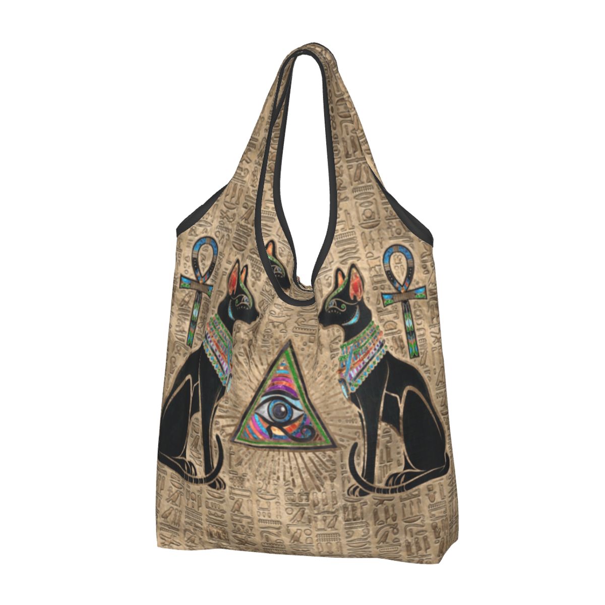 Women Bags Egypt - カスタム再利用可能なエジプト猫とホルスの目ショッピングバッグ女性トートバッグポータブル古代エジプト食料品ショッパーバッグ