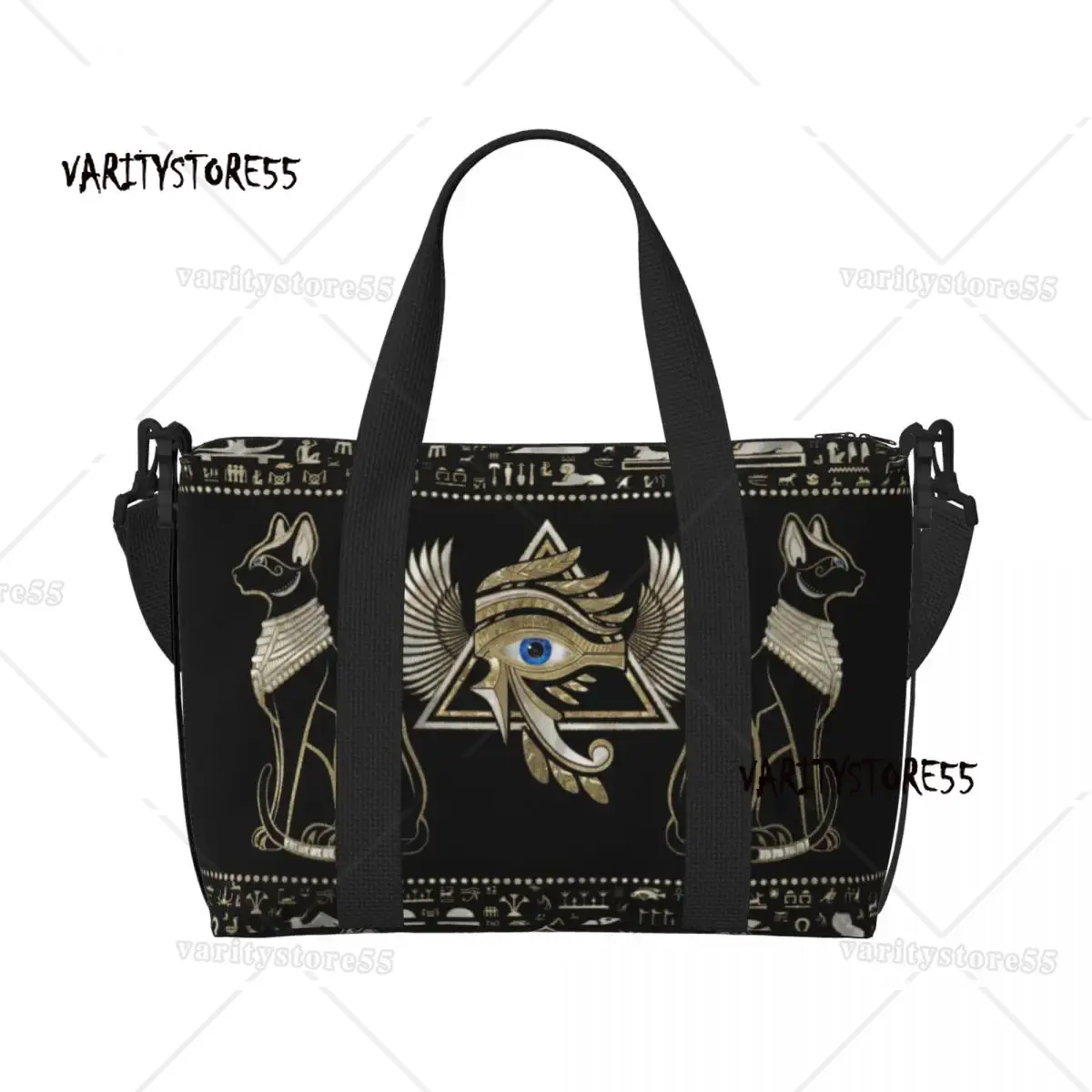 Women Bags Egypt - カスタムエジプト猫とホルスの目トートバッグ女性大容量象形文字エジプトビーチジムショルダートラベルバッグ