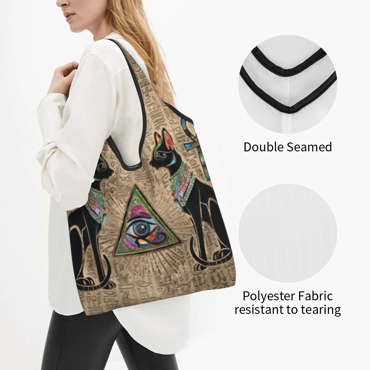 カスタム再利用可能なエジプト猫とホルスの目ショッピングバッグ - Women Bags Egypt のレビューと価格
