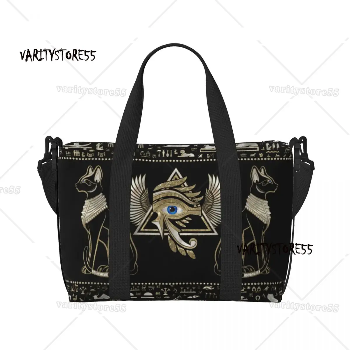 カスタムエジプト猫とホルスの目トートバッグ女性大容量象形文字 - Women Bags Egypt のレビューと価格