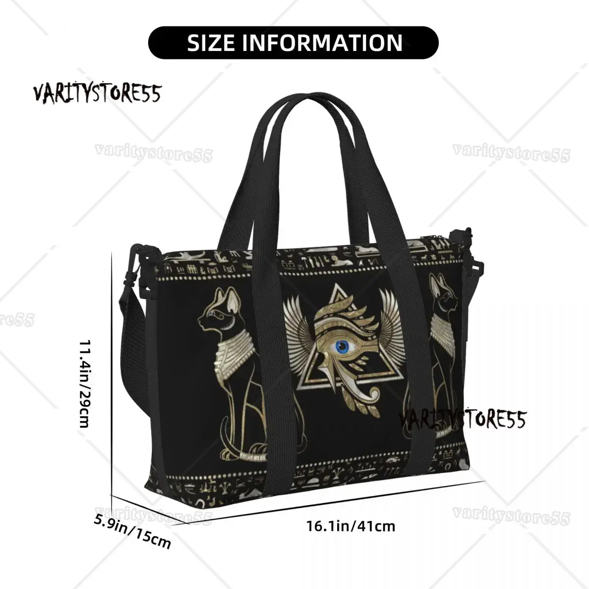 カスタムエジプト猫とホルスの目トートバッグ女性大容量象形文字 - Women Bags Egypt のレビューと価格